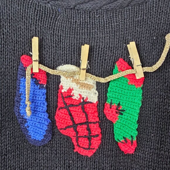 Vtg 90s Eagles Eye Christmas Sweater L Multi Hand Knit 3D Embellished Festive - Picture 6 of 11